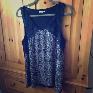 Navy Blue/Pink Flowered Knit Mixed Material Tank